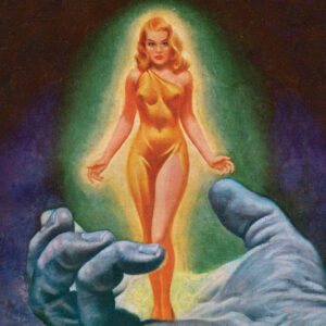 The cover of the book. At the top is "Strange Awakening, Dorothy Quick." Image depicts a beautiful young woman kind of glowing. She's standing in the palm of a large blue hand.